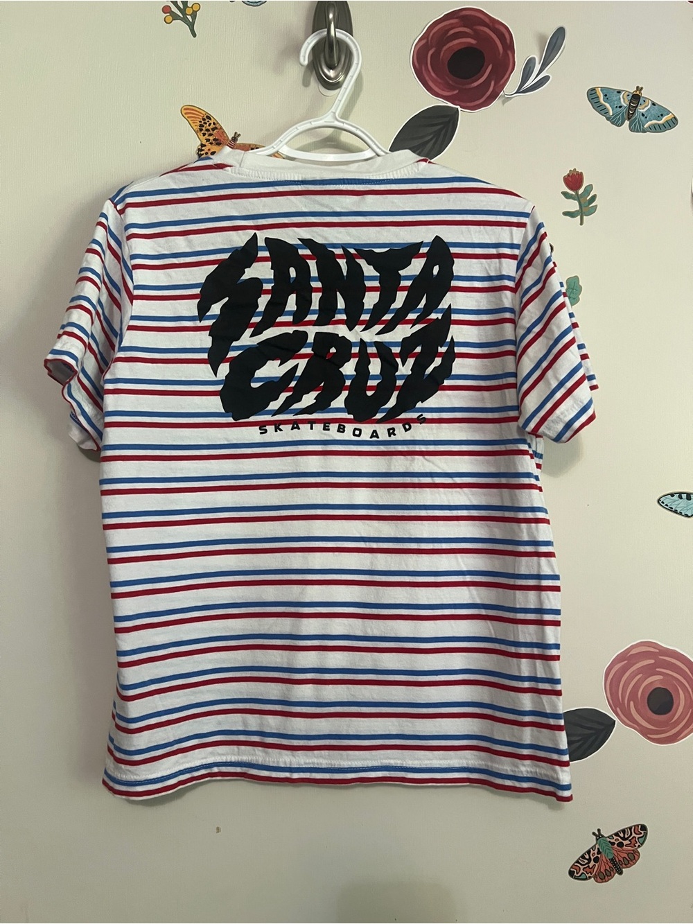 Santa Cruz Skateboards White Tee with Red & Blue Stripes